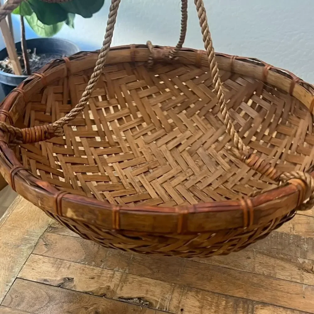 Large Vintage Hanging Basket Bowl Hand Woven Rattan Brown